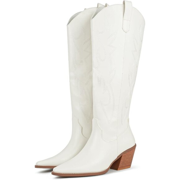 ⚡Women's White Cowgirl Boot Embroidered Knee High Boot Pointed Toe Block Heel - Picture 1 of 6